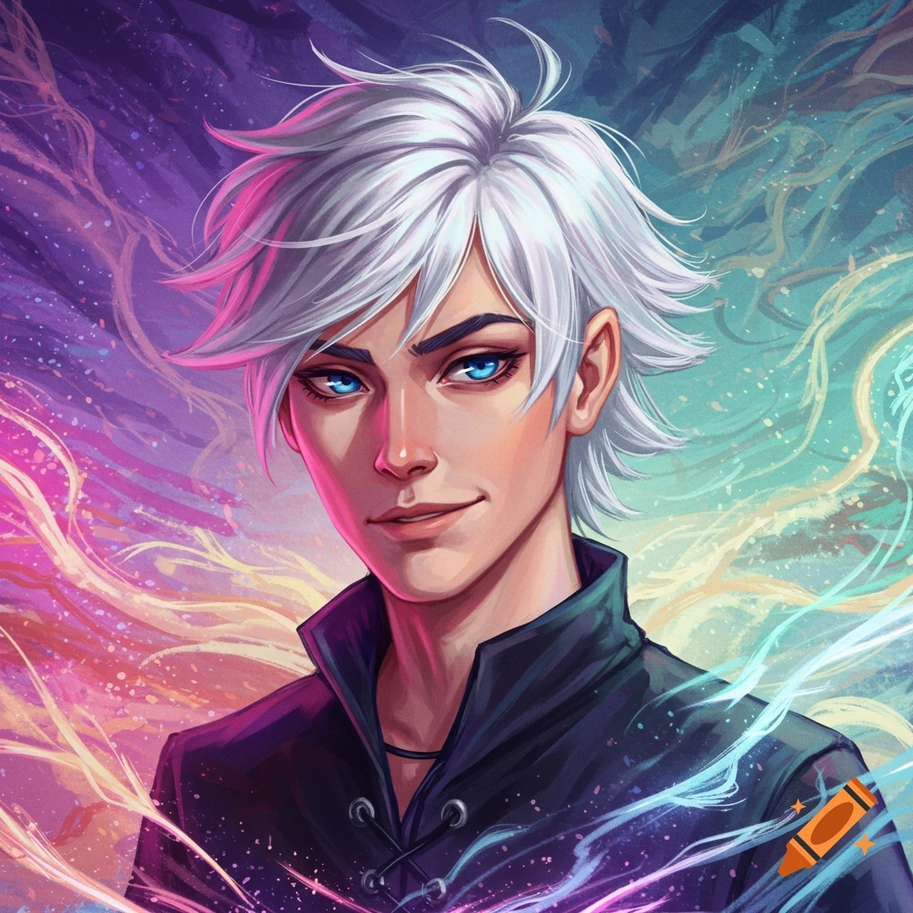 Illustrative portrait of a young man with white hair and blue eyes against swirling colorful background.