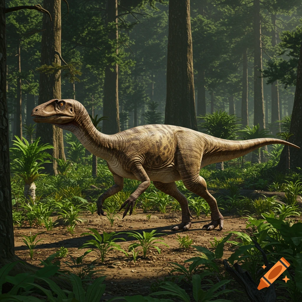 A photorealistic image of a Dryosaurus standing in a lush forest.