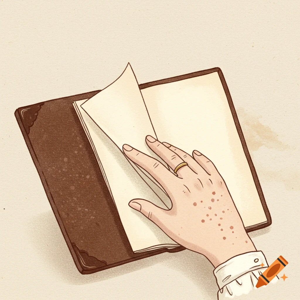 Vintage illustration of a hand with freckles turning a page in an old book.