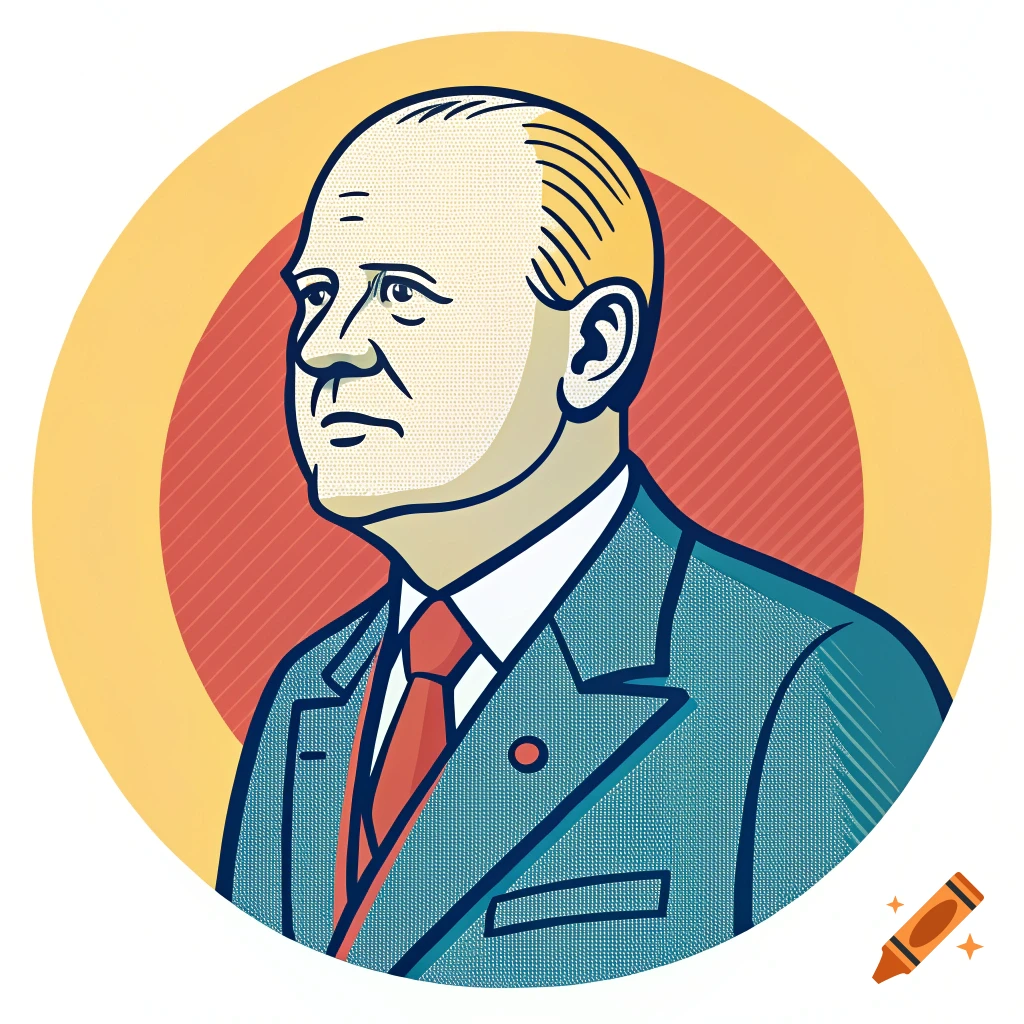 Minimalist cartoon portrait of a man in a suit with a red tie in a circular background.