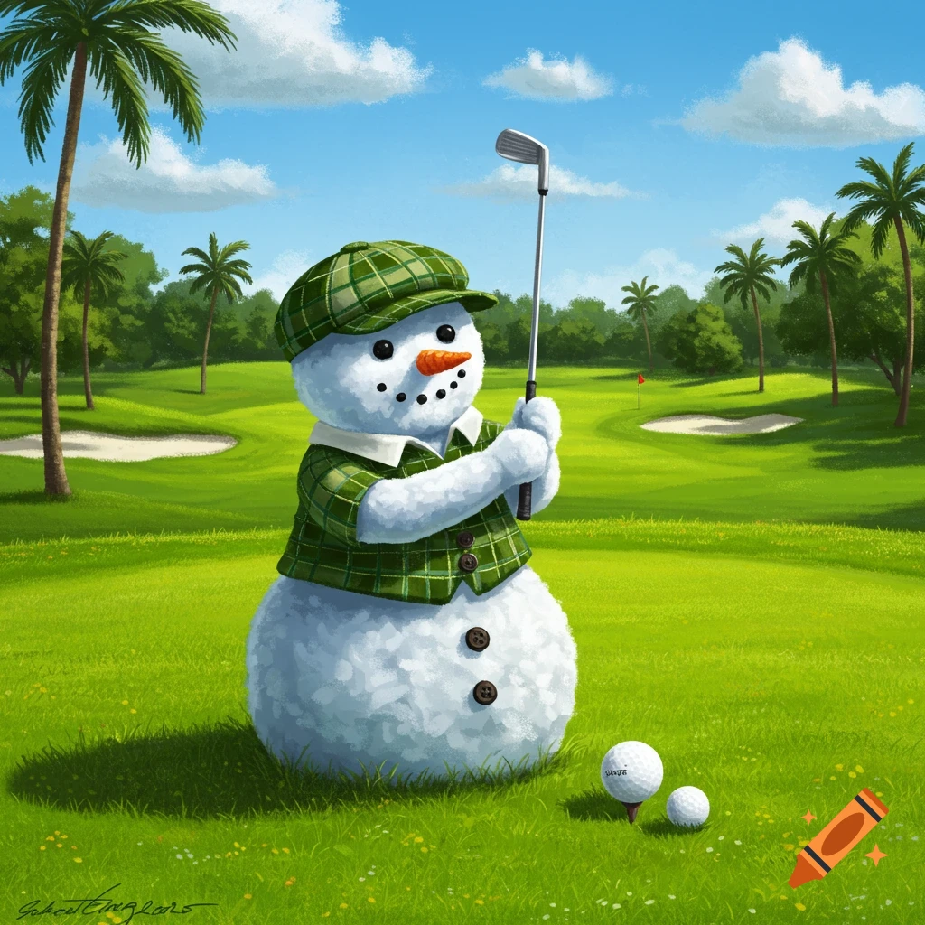 Cartoon illustration of a snowman in a hat and shirt playing golf on a sunny course with palm trees.