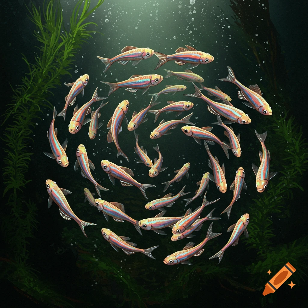 A school of colorful zebrafish swim together underwater with plants and bubbles.