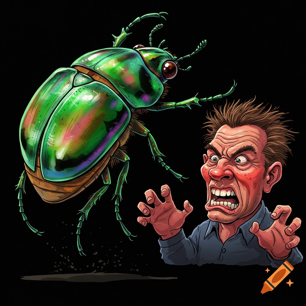 Illustration of a large green iridescent beetle flying towards a scared man