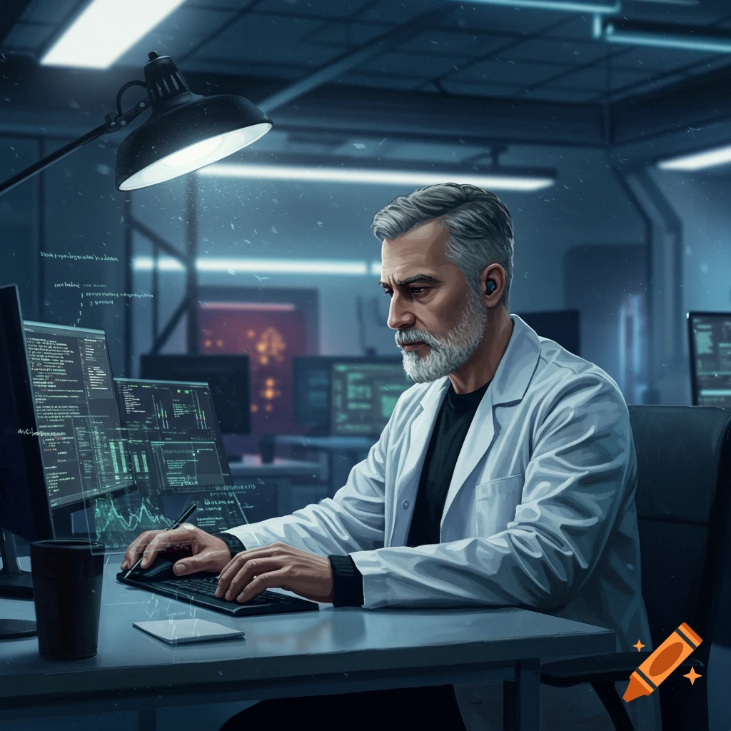 A man in a lab coat works at multiple computer monitors displaying code in a dark, high-tech lab.