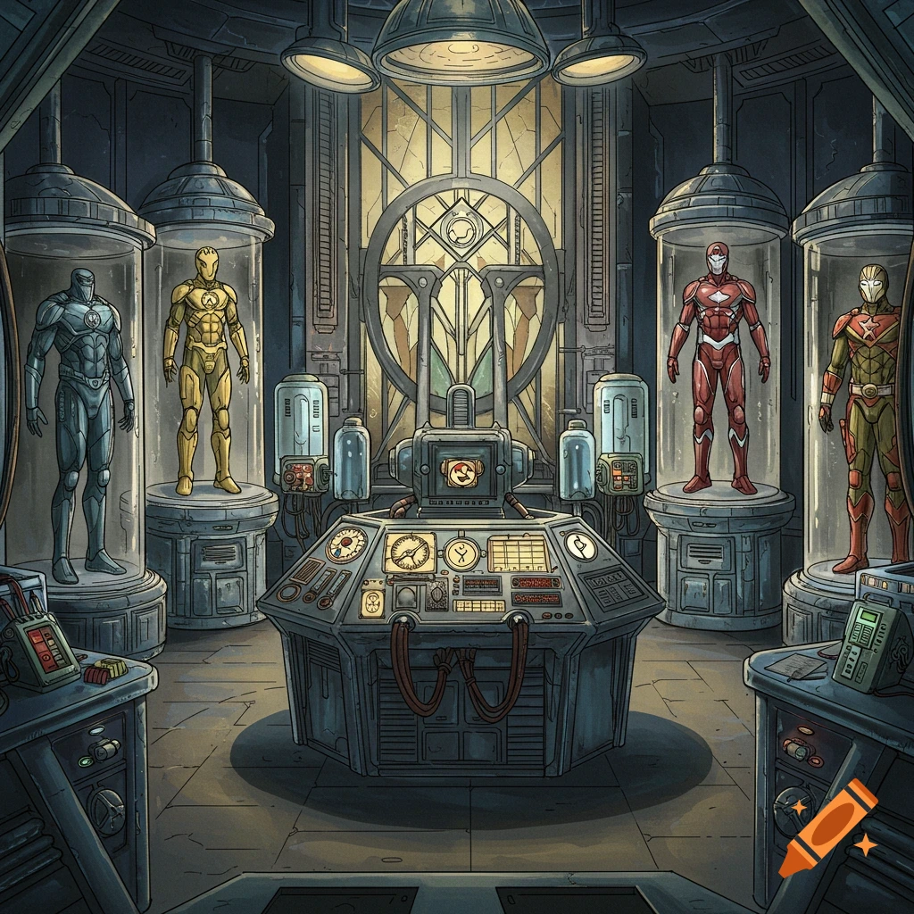 Art Deco lab with superhero suits in glass tubes on display