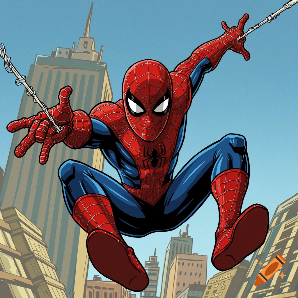 Spider-Man jumps through a city, shooting a web, in comic art style.