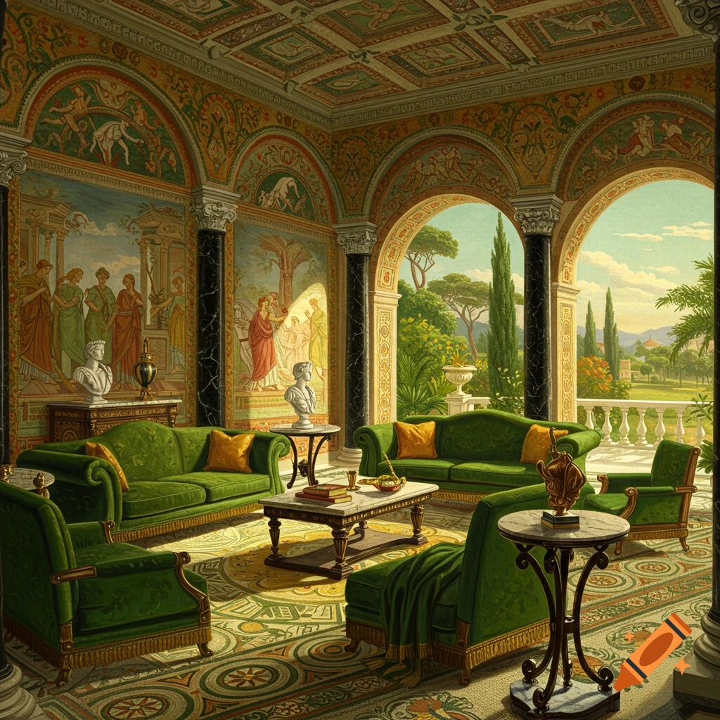 A luxurious Roman style living room with green furniture, frescoes, and arched windows overlooking a garden.