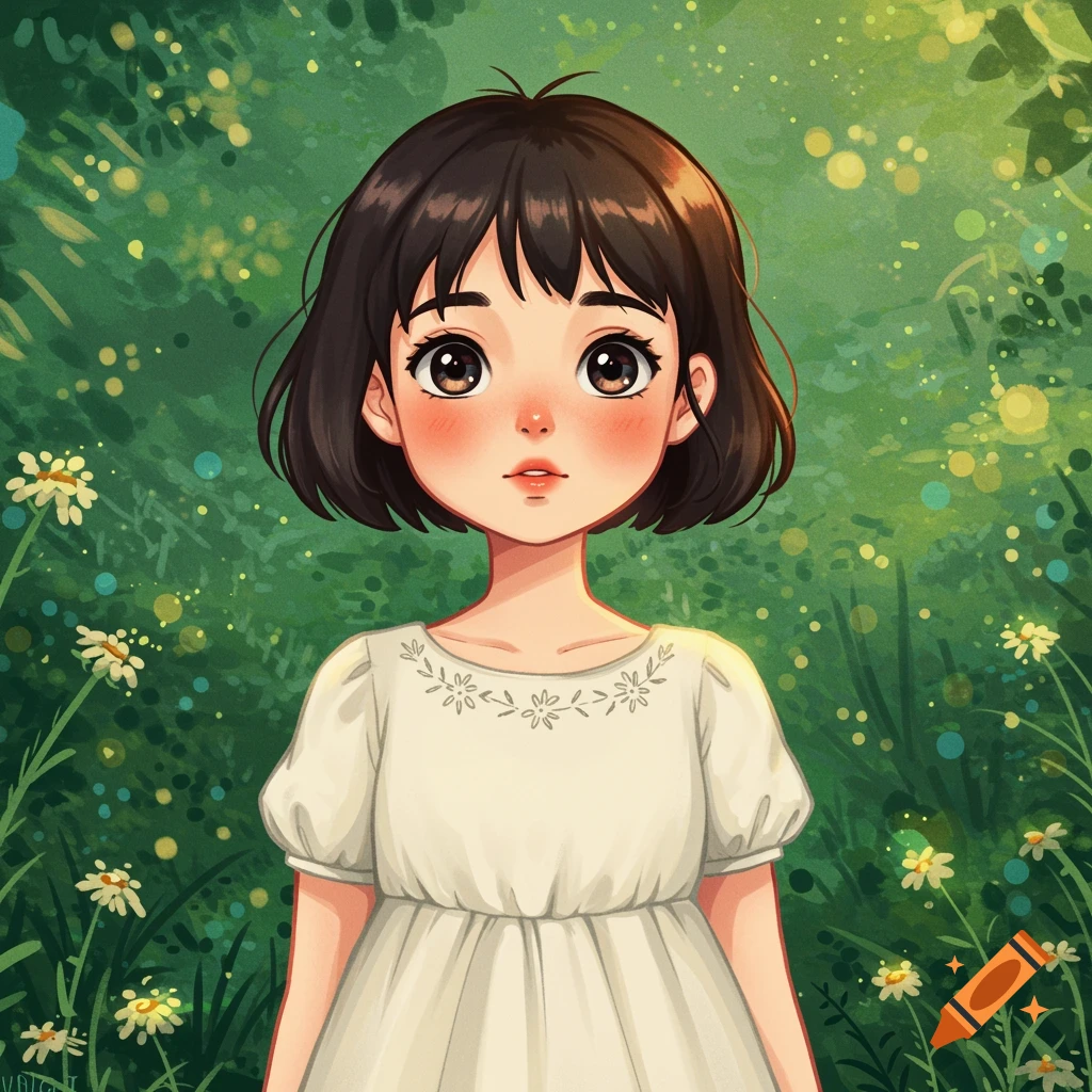 A cartoon girl in a white dress in a sunny forest, Ghibli art style.
