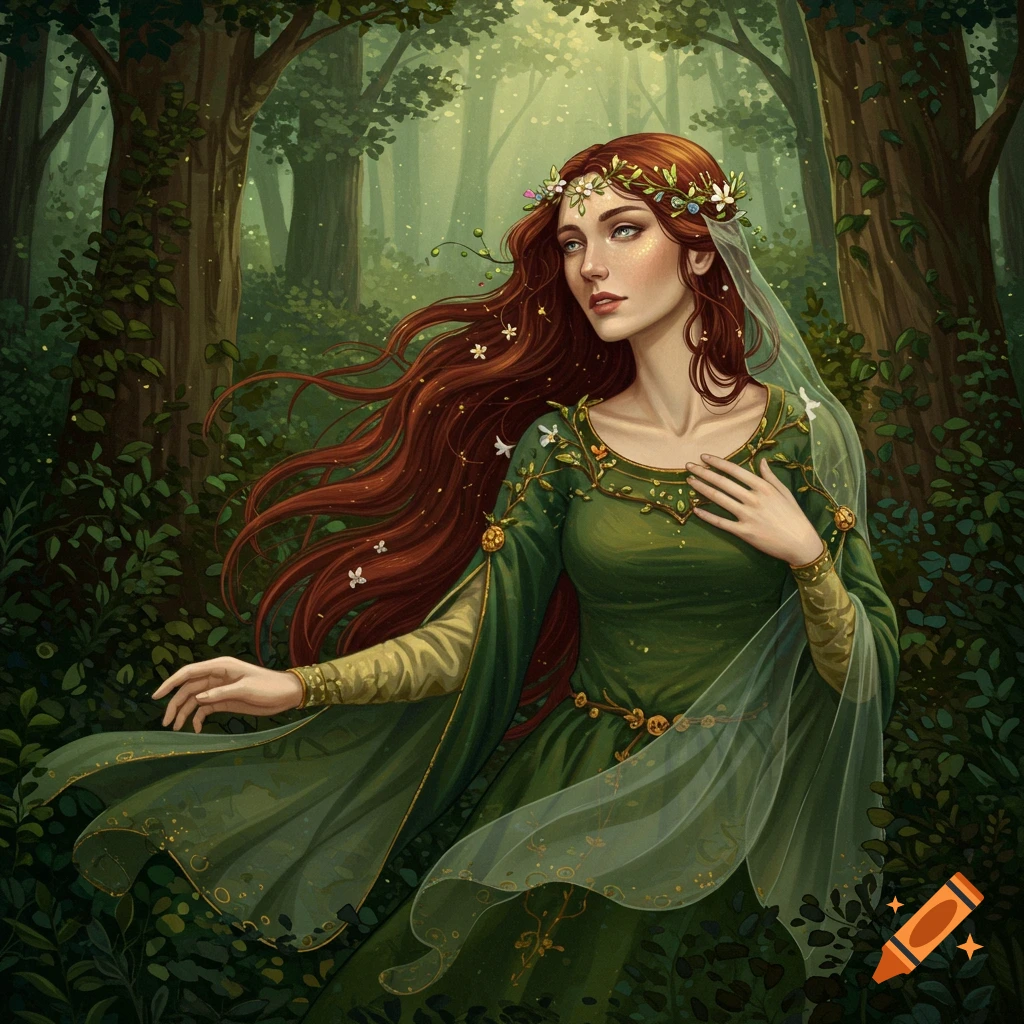 Fantasy illustration of a woman with long red hair and flower crown in a green medieval dress in a forest.