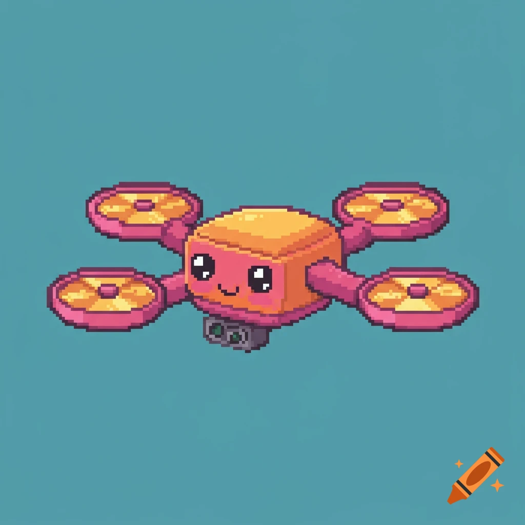 A cute, orange and pink drone rendered in pixel art style, smiling.