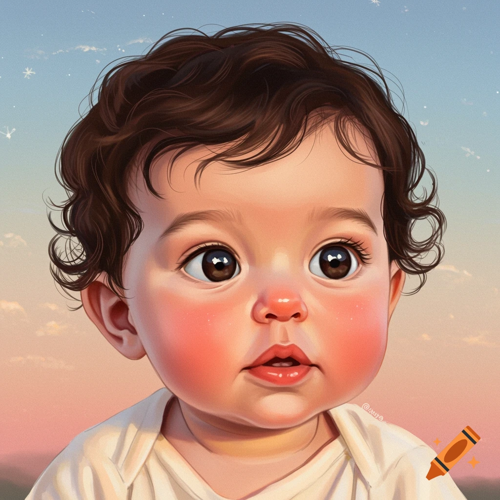 Stylized close-up illustration of a baby with curly brown hair against a pastel sky.