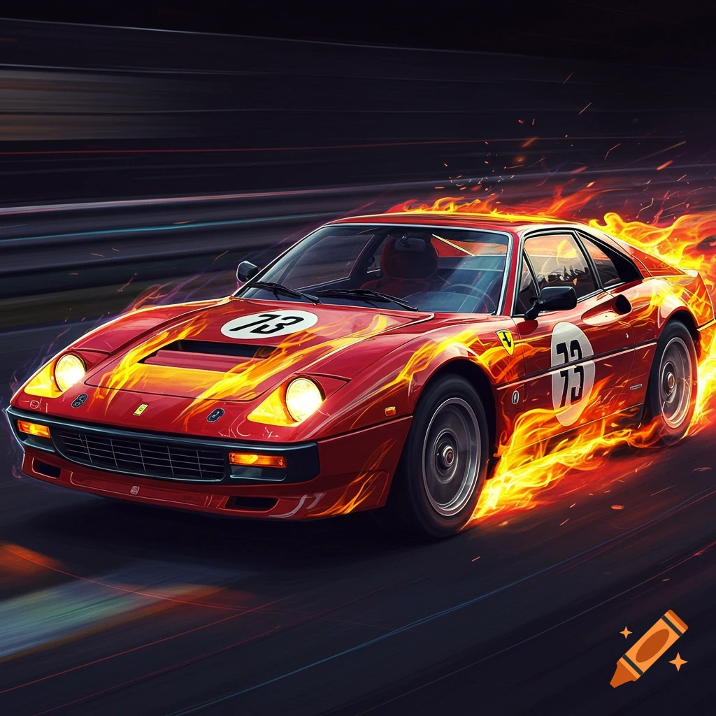 Red Ferrari race car with flames speeding on a track.