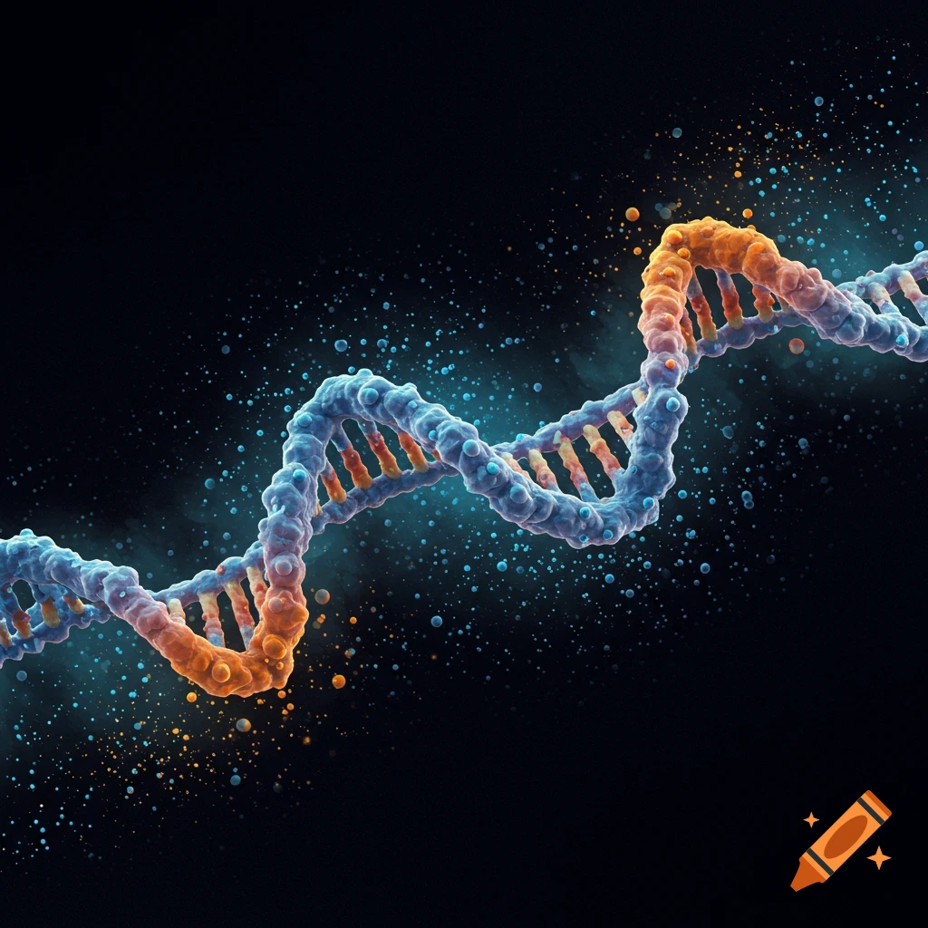 A 3D rendering of a blue and orange DNA double helix.