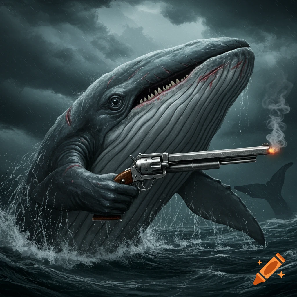 Painting of a whale holding a smoking gun in a stormy ocean.
