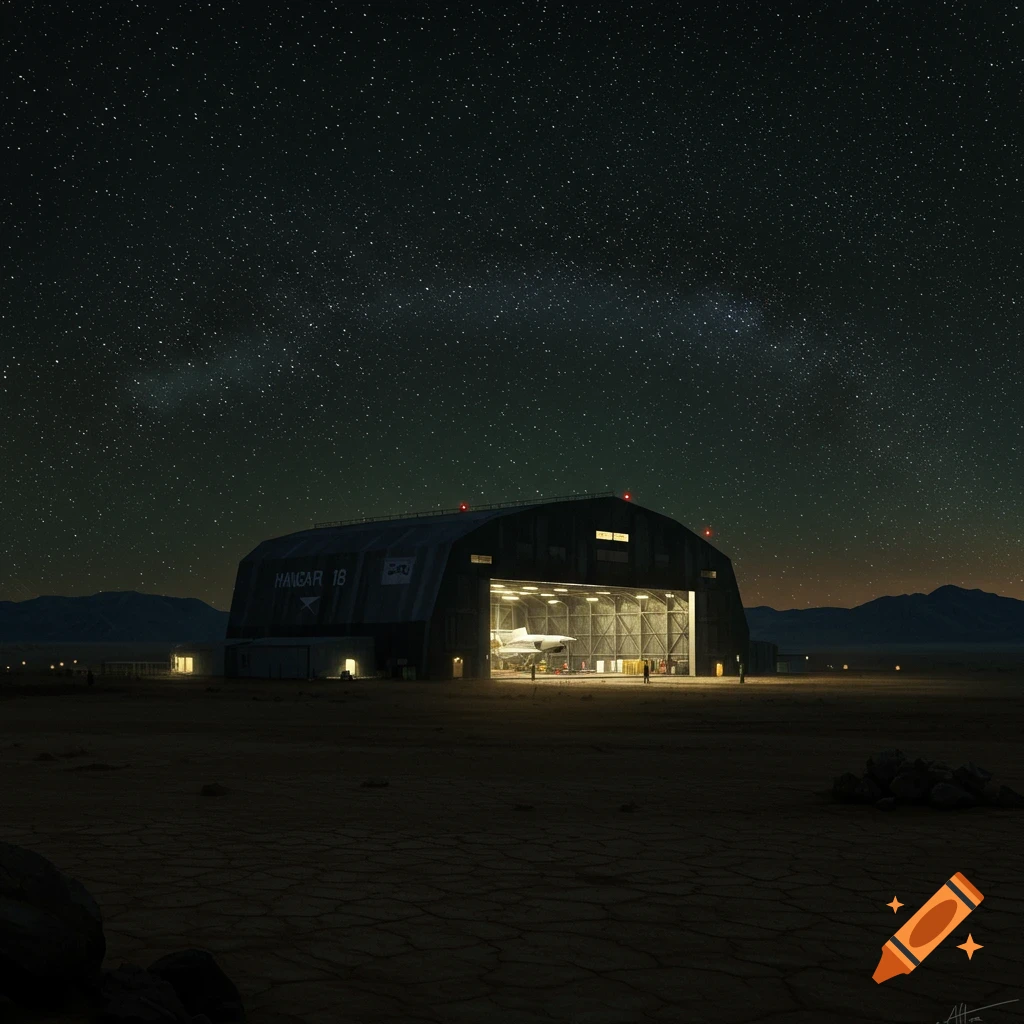 A large military hangar with its doors open revealing a plane inside, set in a desert landscape under a vast starry night sky.