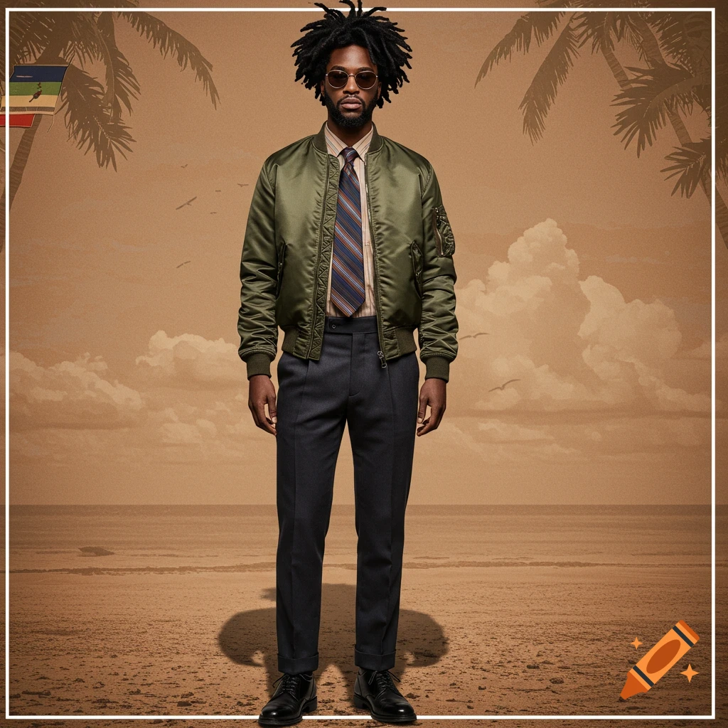 A man in a bomber jacket, shirt, tie, sunglasses, and dreadlocks stands on a beach.