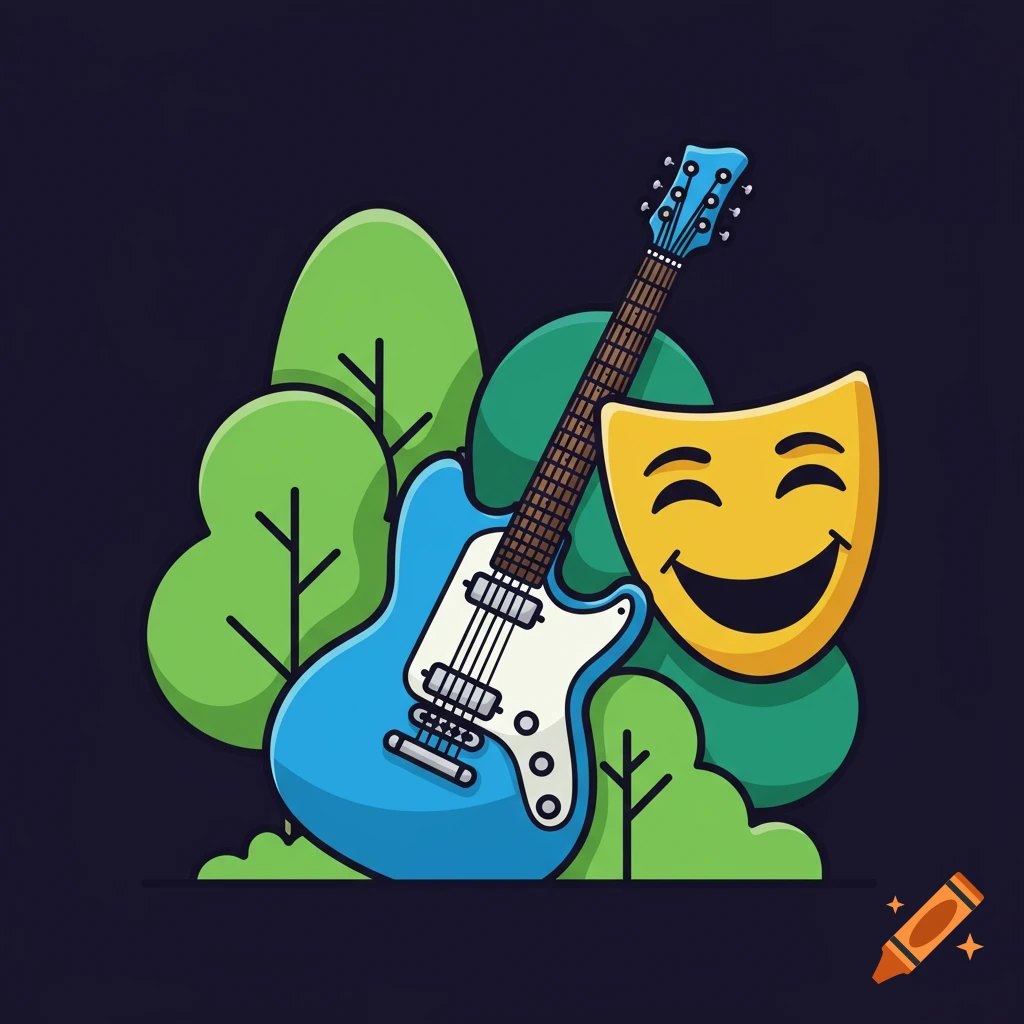 An illustration of a blue guitar, green trees, and a yellow comedy mask.