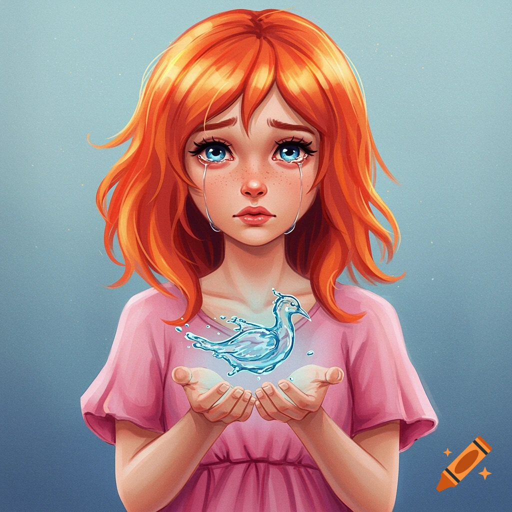Illustration of a crying girl with orange hair holding a glowing water bird.