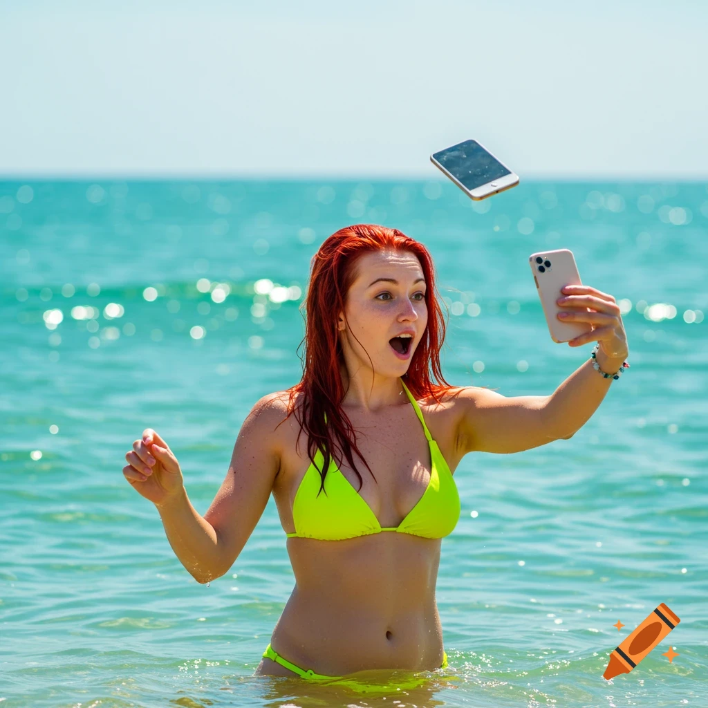 Woman in bikini dropping her phone while taking a selfie in the ocean