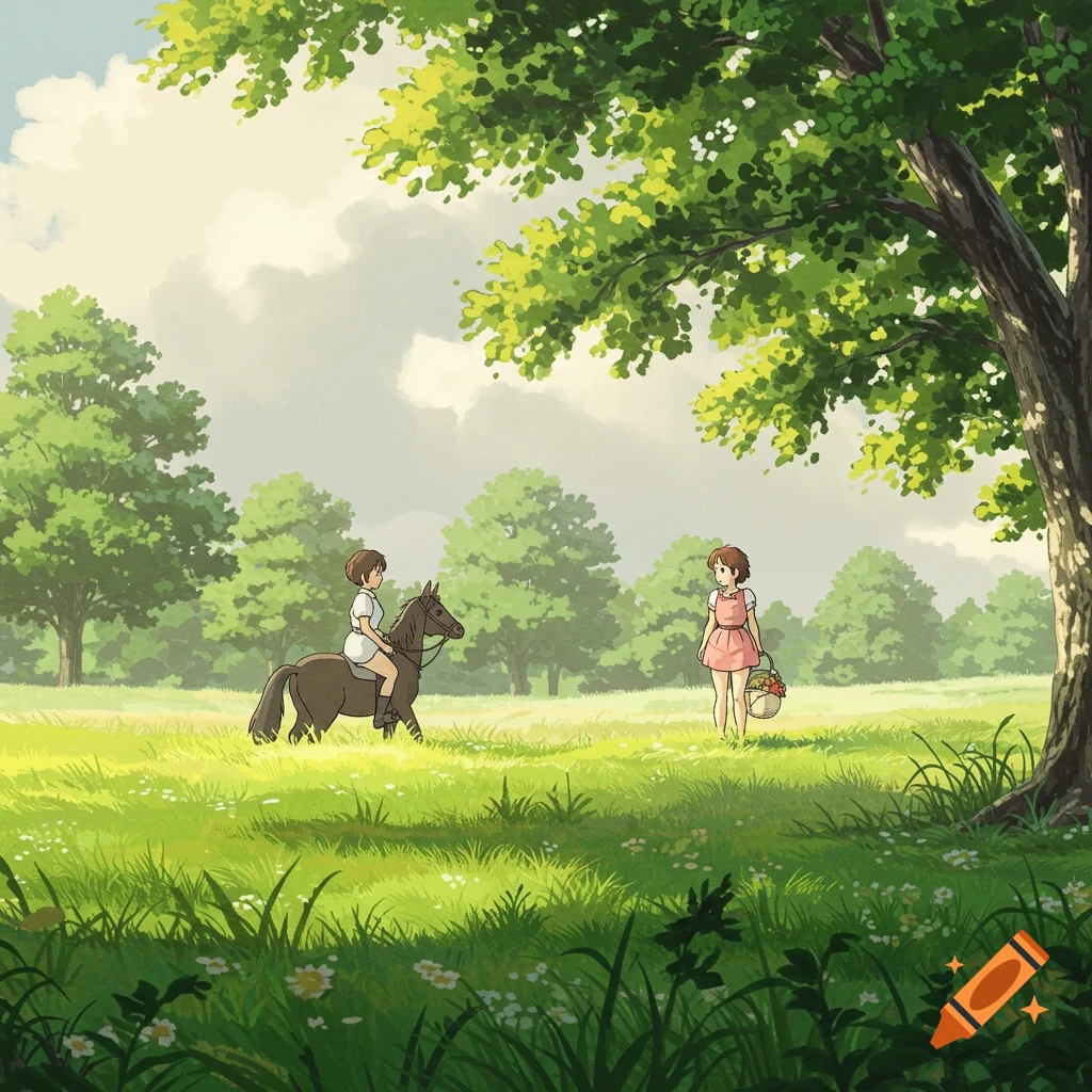Two children and a horse in a sunny green field in a Ghibli-inspired anime style