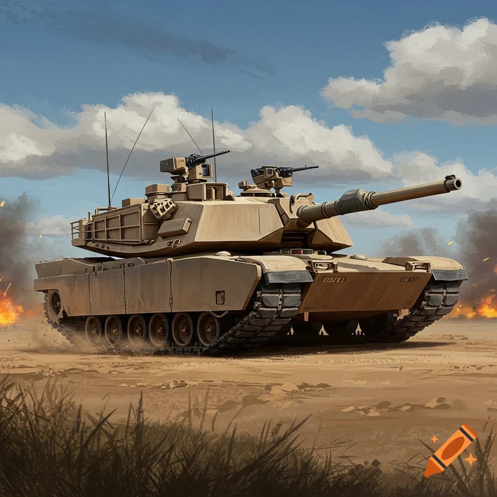 An illustrated M1 Abrams tank moves through a desert landscape with smoke and flames.