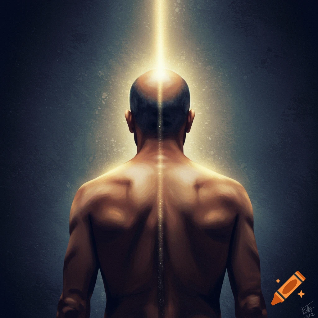 Digital art of a man's back with light shining from his head and down his spine.