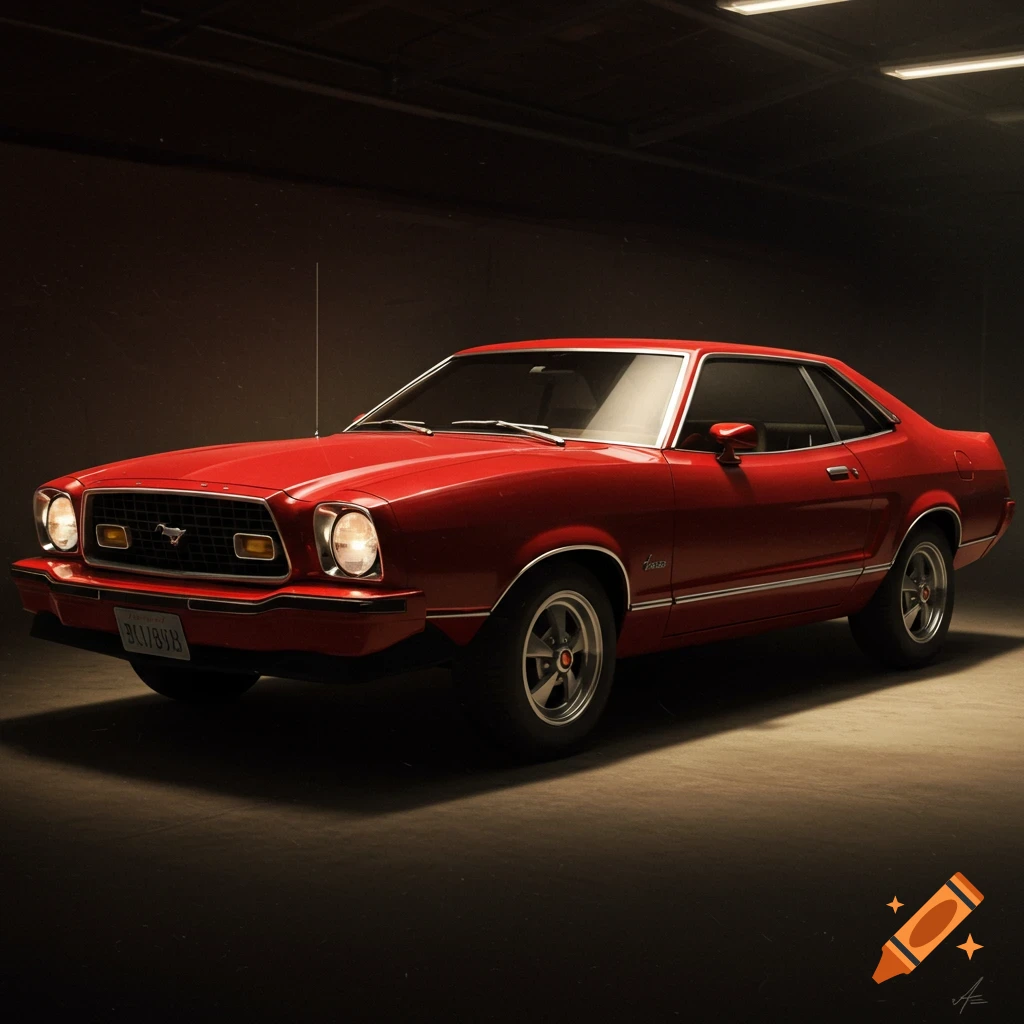 A red 1978 Ford Mustang is parked in a dimly lit garage.