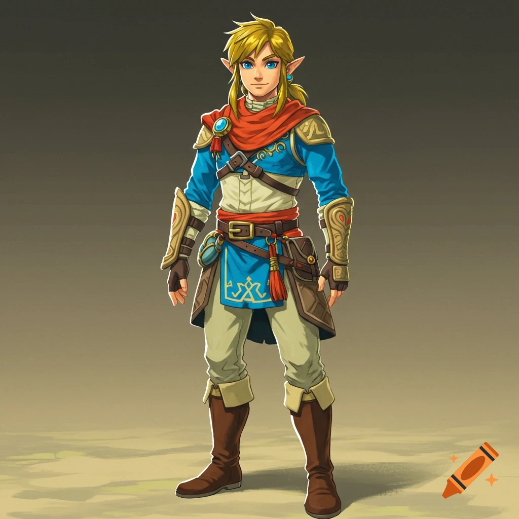 Full body illustration of Link from The Legend of Zelda in his Desert Voe outfit, facing forward.