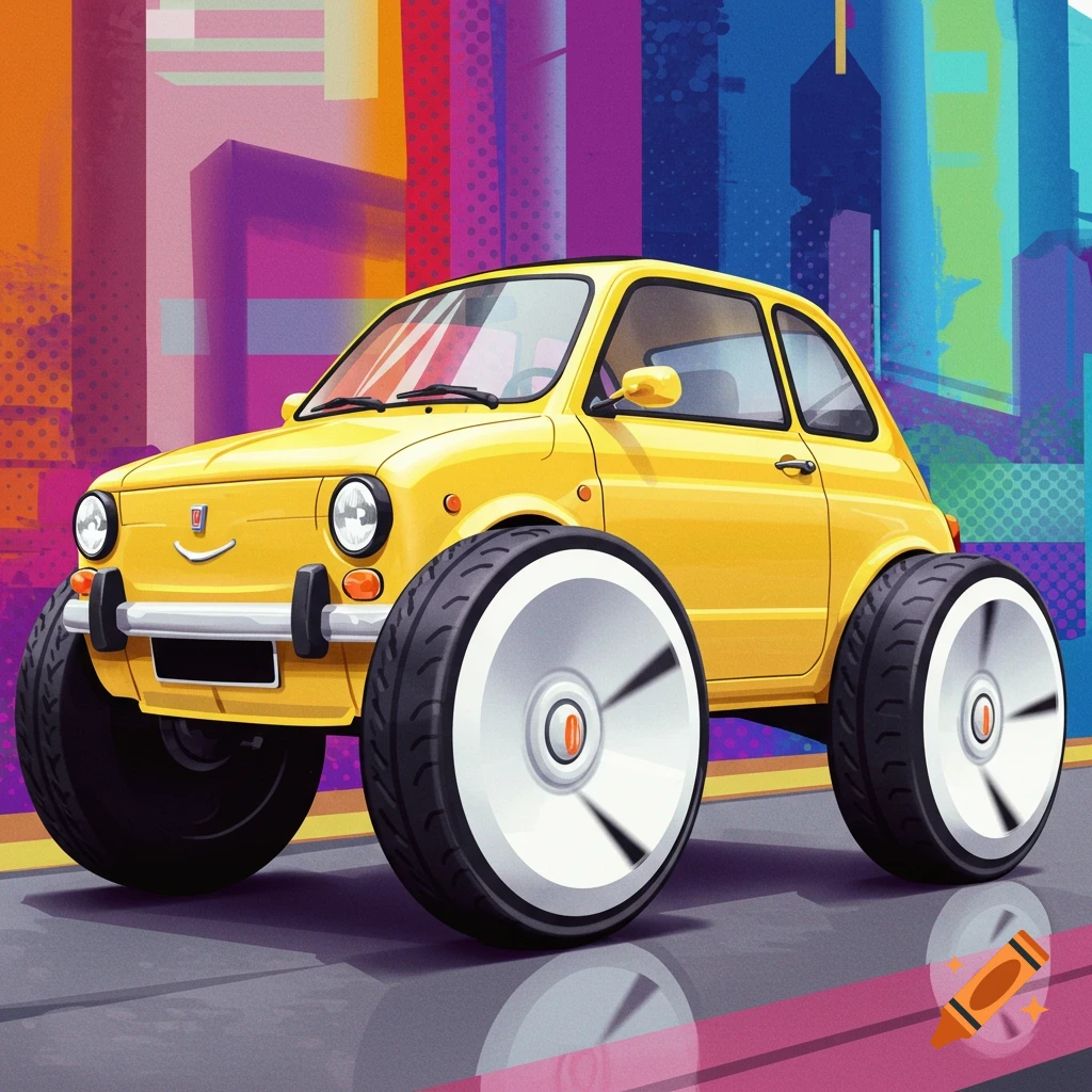 A stylized yellow cartoon car with giant silver wheels in front of a vibrant, colorful city background.