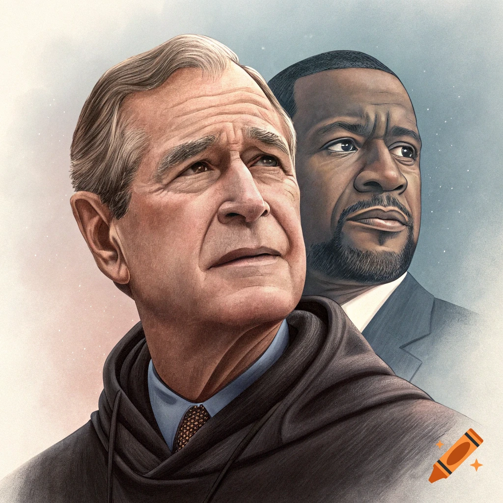 Illustration of two men, one resembling George W. Bush in a hoodie and the other resembling George Floyd in a suit.