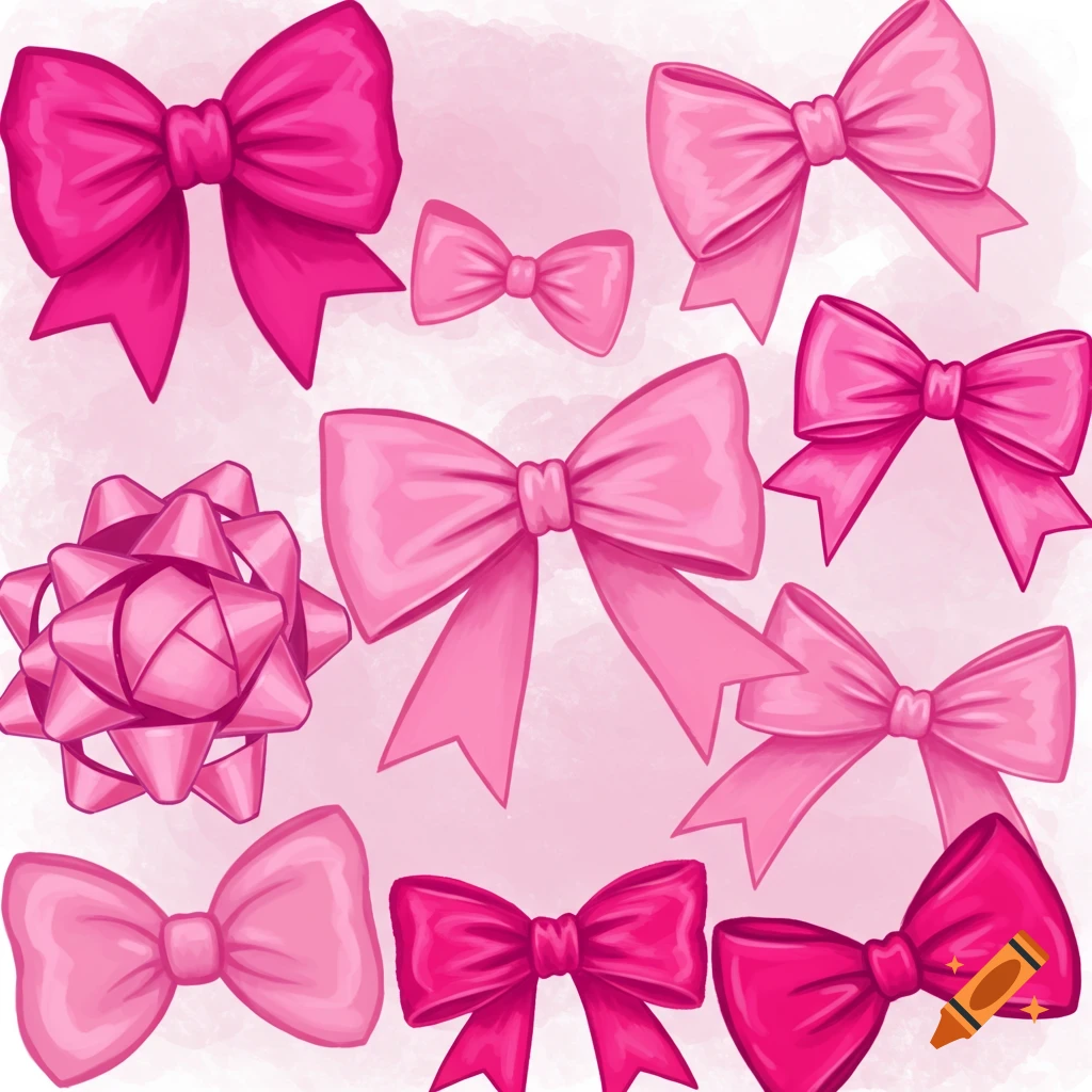A collection of various pink bows and ribbons on a light pink background.