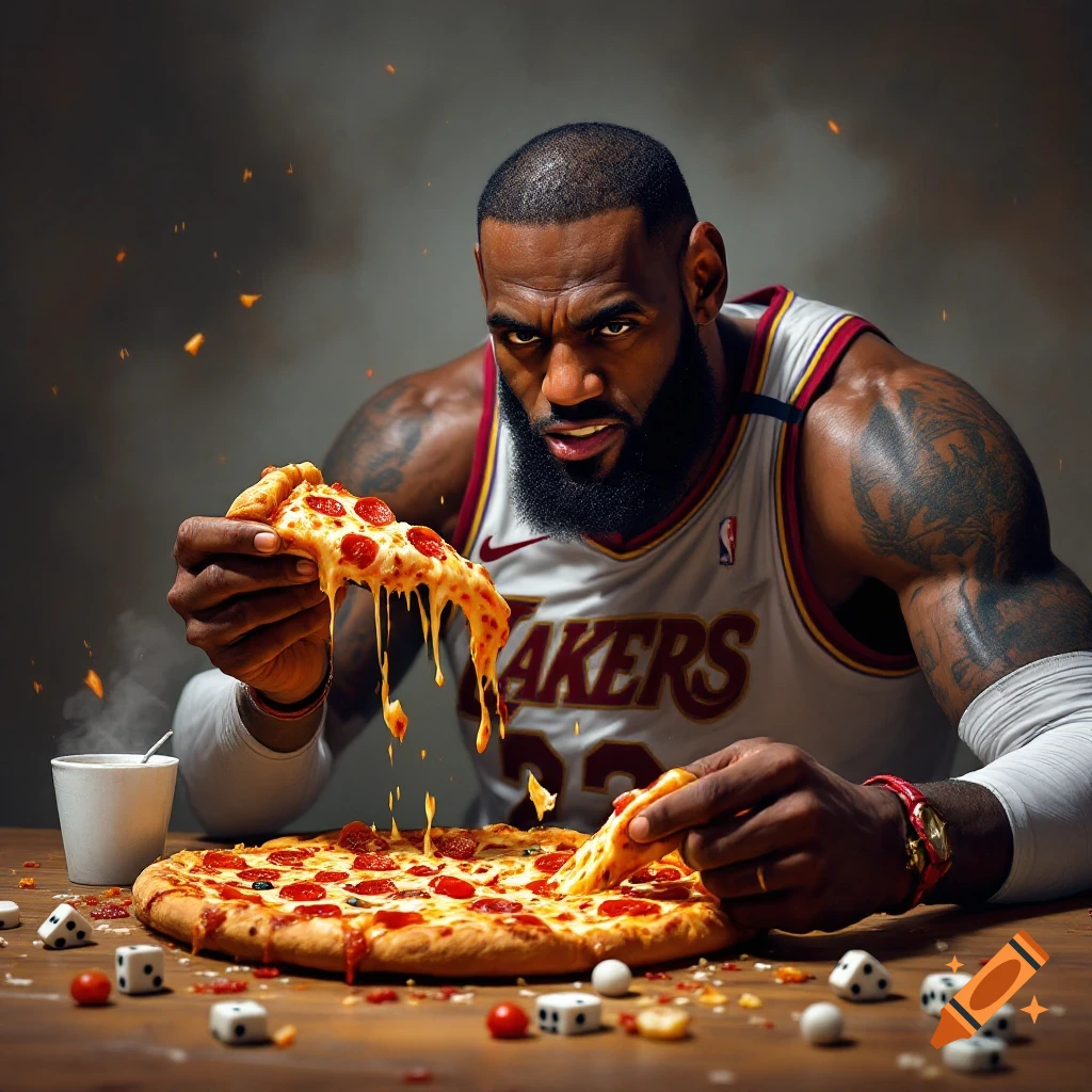 Photorealistic image of LeBron James in a Lakers jersey eating a slice of pizza with dice scattered on the table.