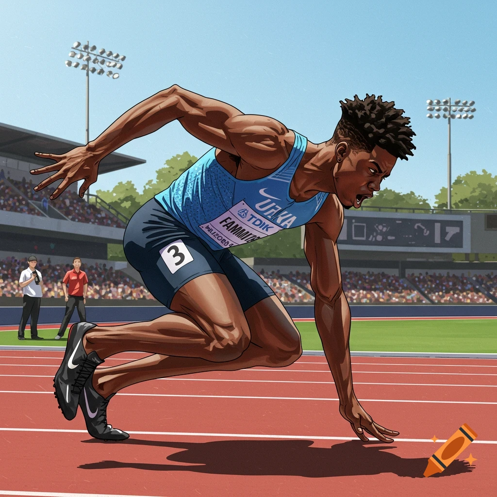 Stylized illustration of a track athlete in a starting pose on a running track in a stadium.