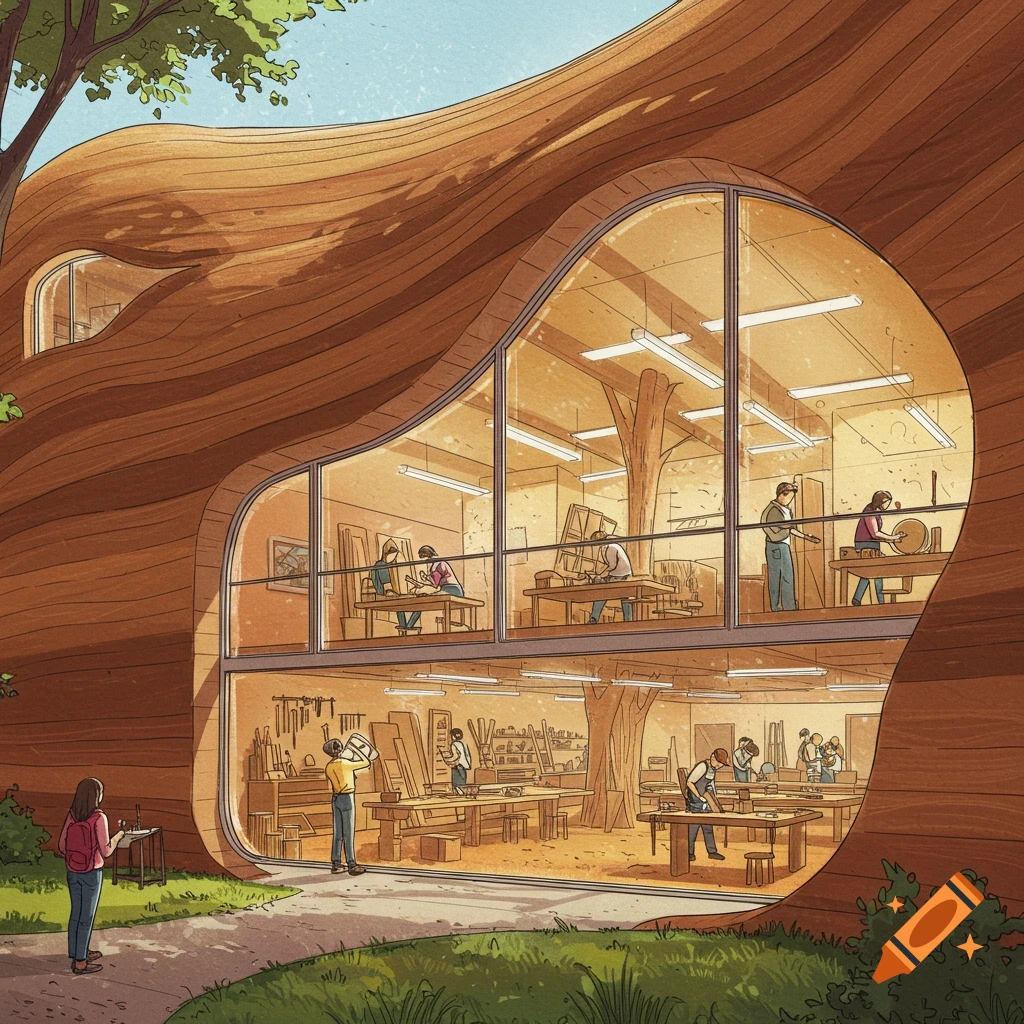Illustration of an organic, wood-shaped college building housing a woodworking workshop with students and tools inside.