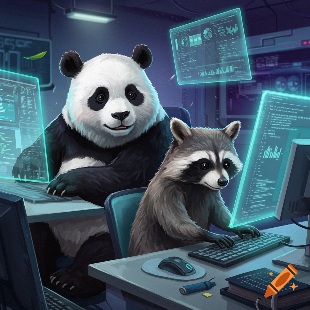Illustration of a panda and a raccoon working on computers in a tech office.