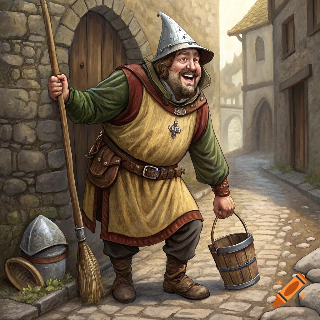 A cheerful man in medieval clothing holds a broom and a bucket in a cobblestone street.