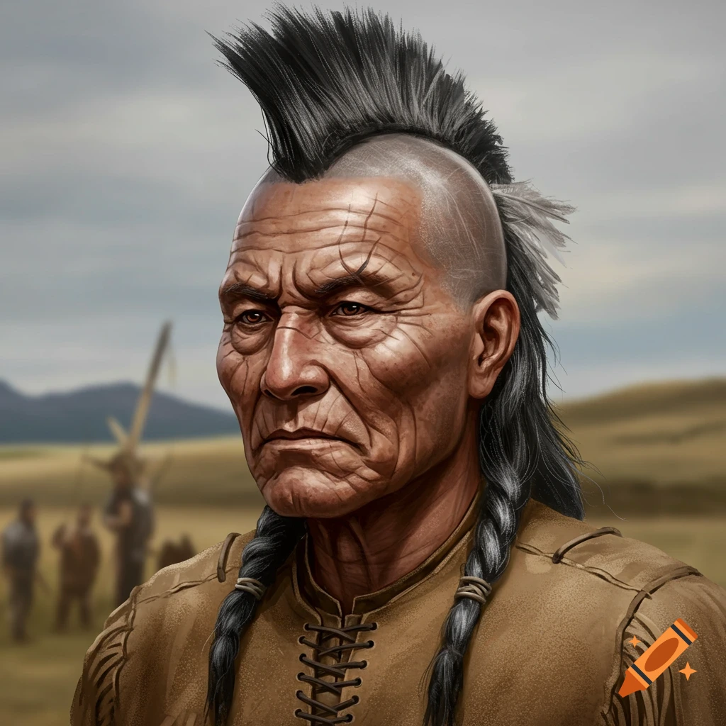 Portrait of an old indigenous man with a mohawk and braids, wearing a leather shirt.