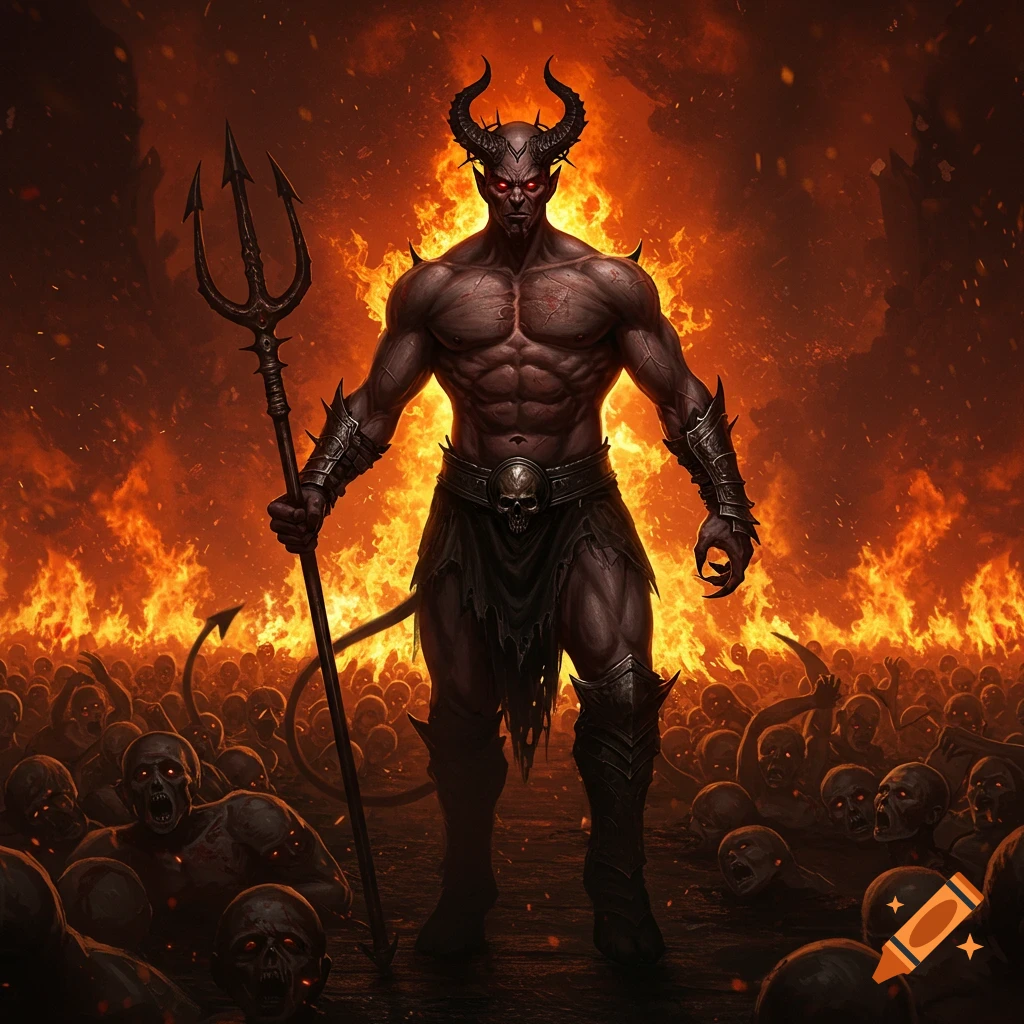 Muscular devil with trident stands over monstrous figures in fiery hellscape