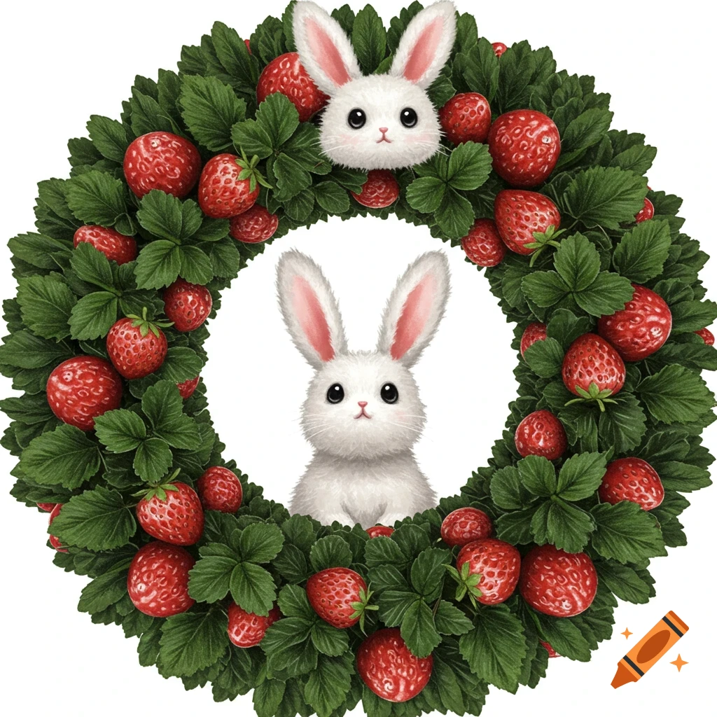 A green wreath decorated with red strawberries and two cute white bunny faces.