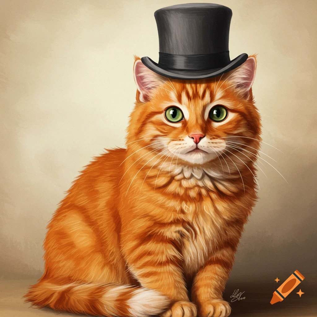 An orange tabby cat wearing a black top hat.