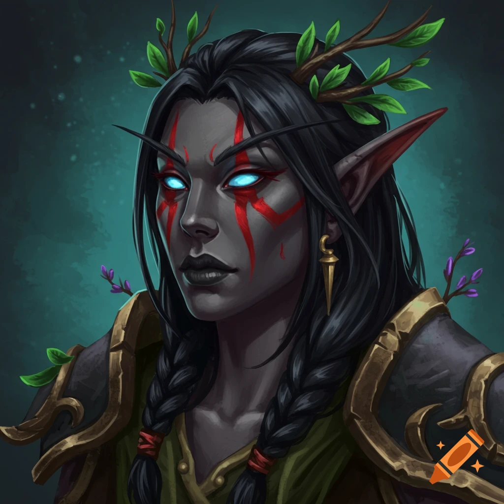 A fantasy portrait of a dark-skinned night elf with glowing blue eyes, red markings, and leafy hair, wearing armor.