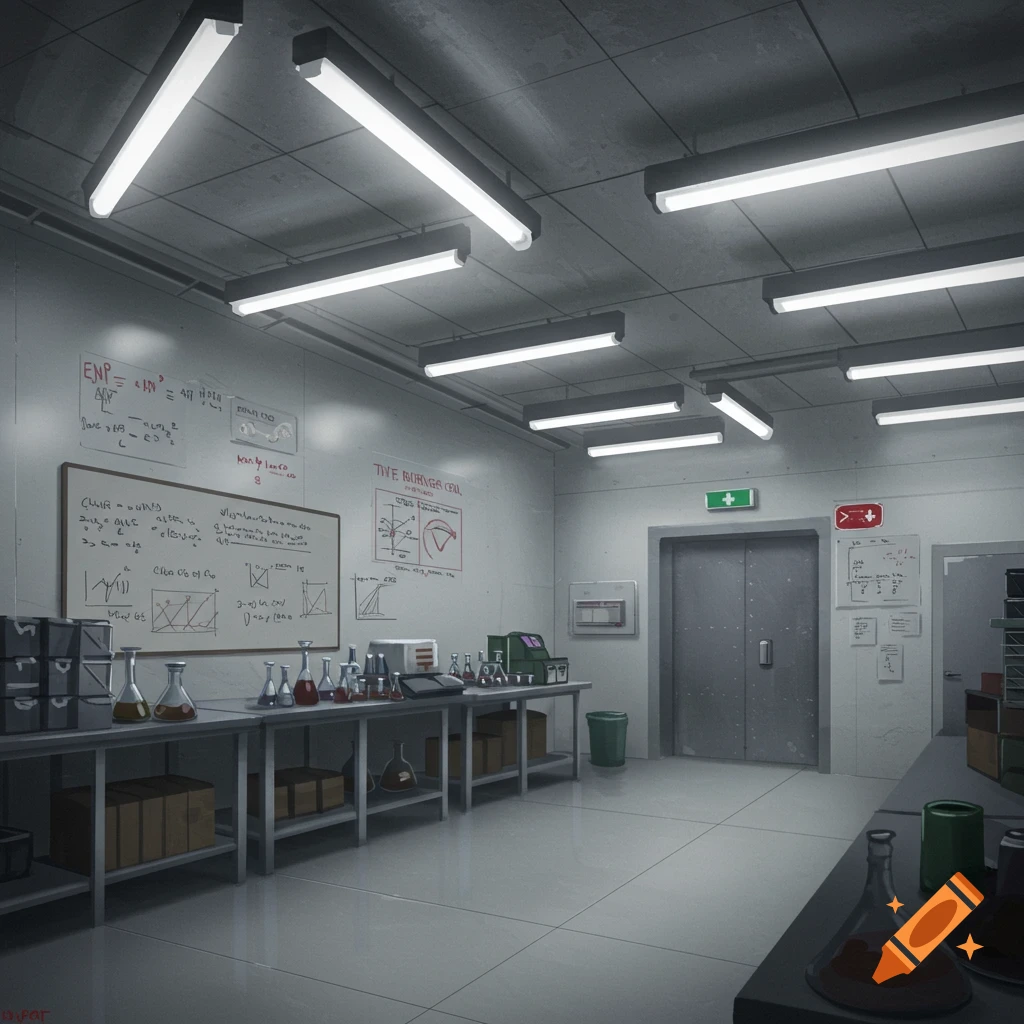 Interior of a sterile science laboratory with tables of beakers, whiteboards, and metal doors.