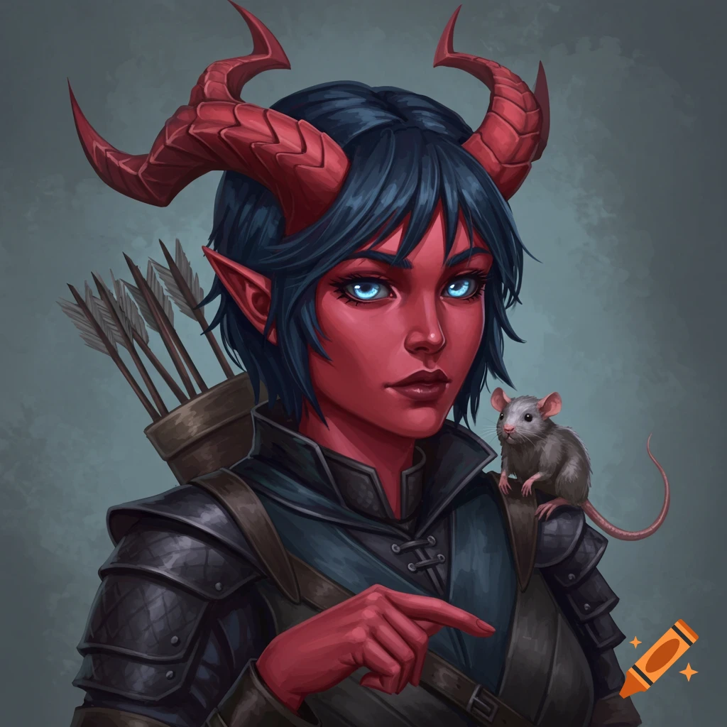 Portrait of a red-skinned female tiefling fantasy character with horns, armor, and a small rat on her shoulder.