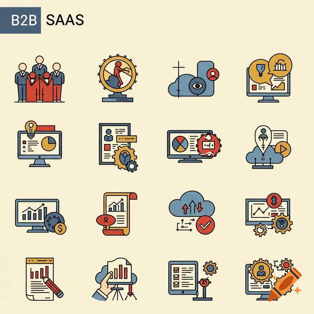 Set of stylized colorful B2B SAAS business and technology icons.