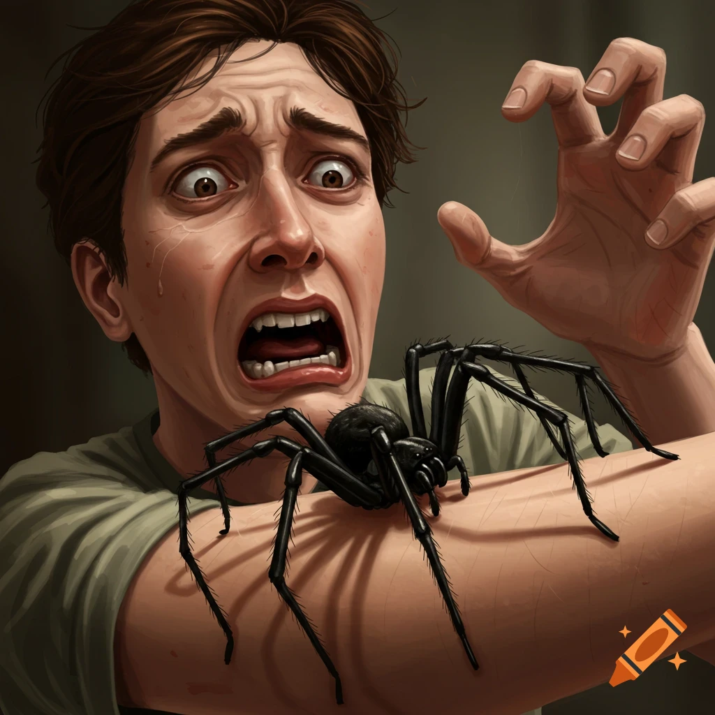 Terrified man recoils from a large spider on his arm. Illustration.