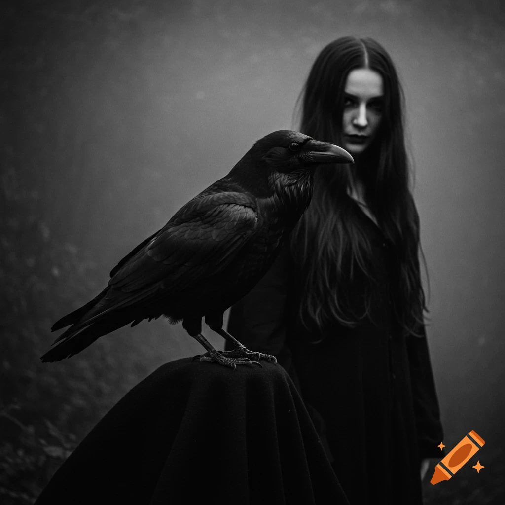 A monochrome image of a woman standing behind a large black raven perched in the foreground.