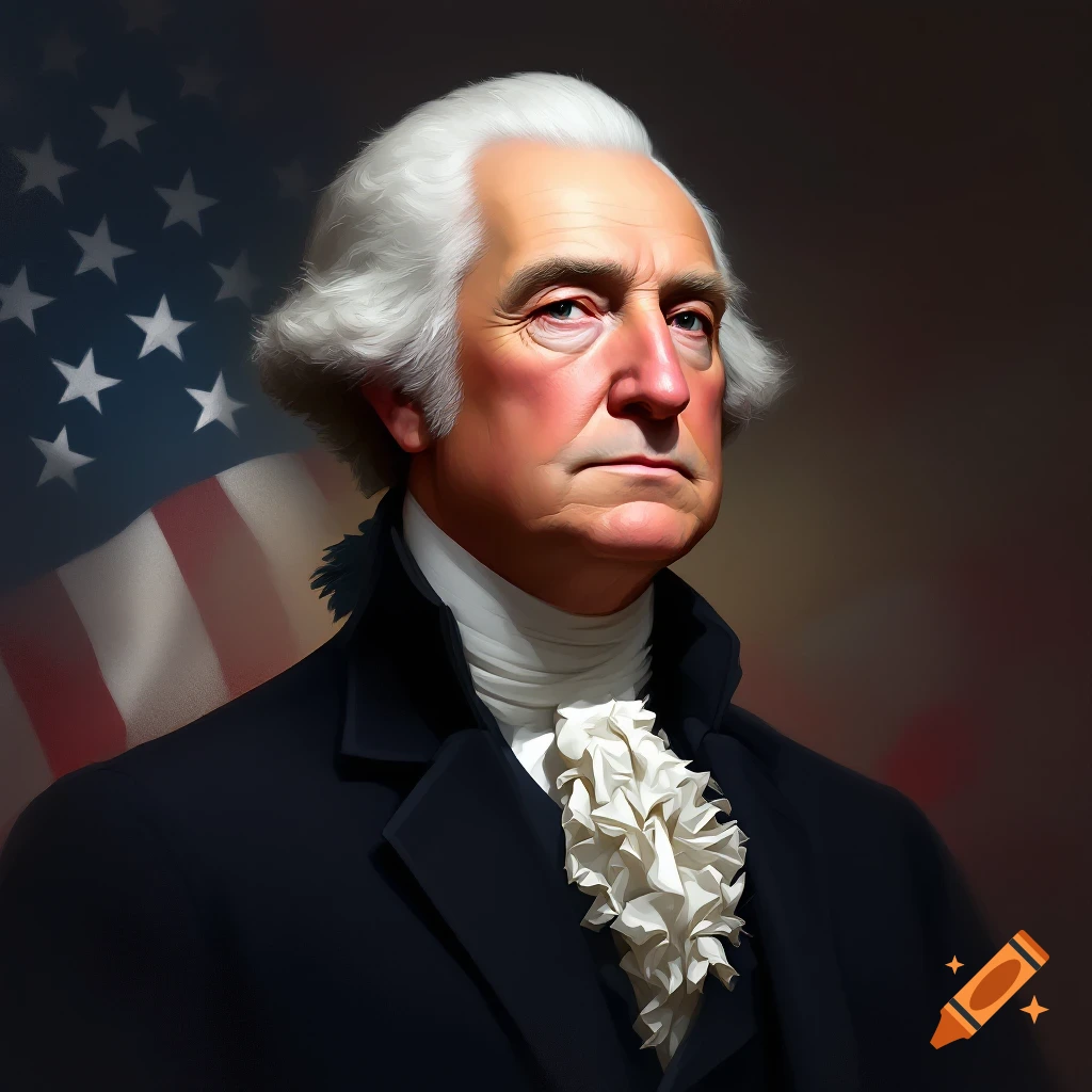 Portrait of George Washington in historical attire with an American flag in the background.