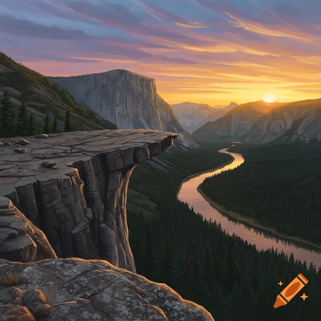 View from a cliff edge overlooking a mountain valley, winding river, and pine forest at sunset.