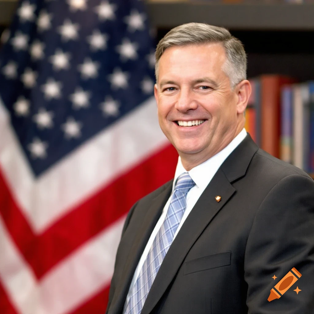Portrait of a man in a suit standing in front of a US flag and bookshelf.
