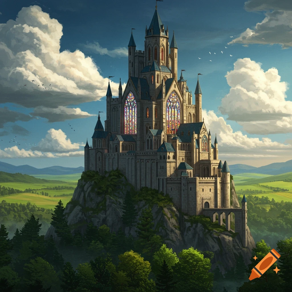 A large fantasy castle with stained glass windows sits atop a rocky hill surrounded by a green landscape.